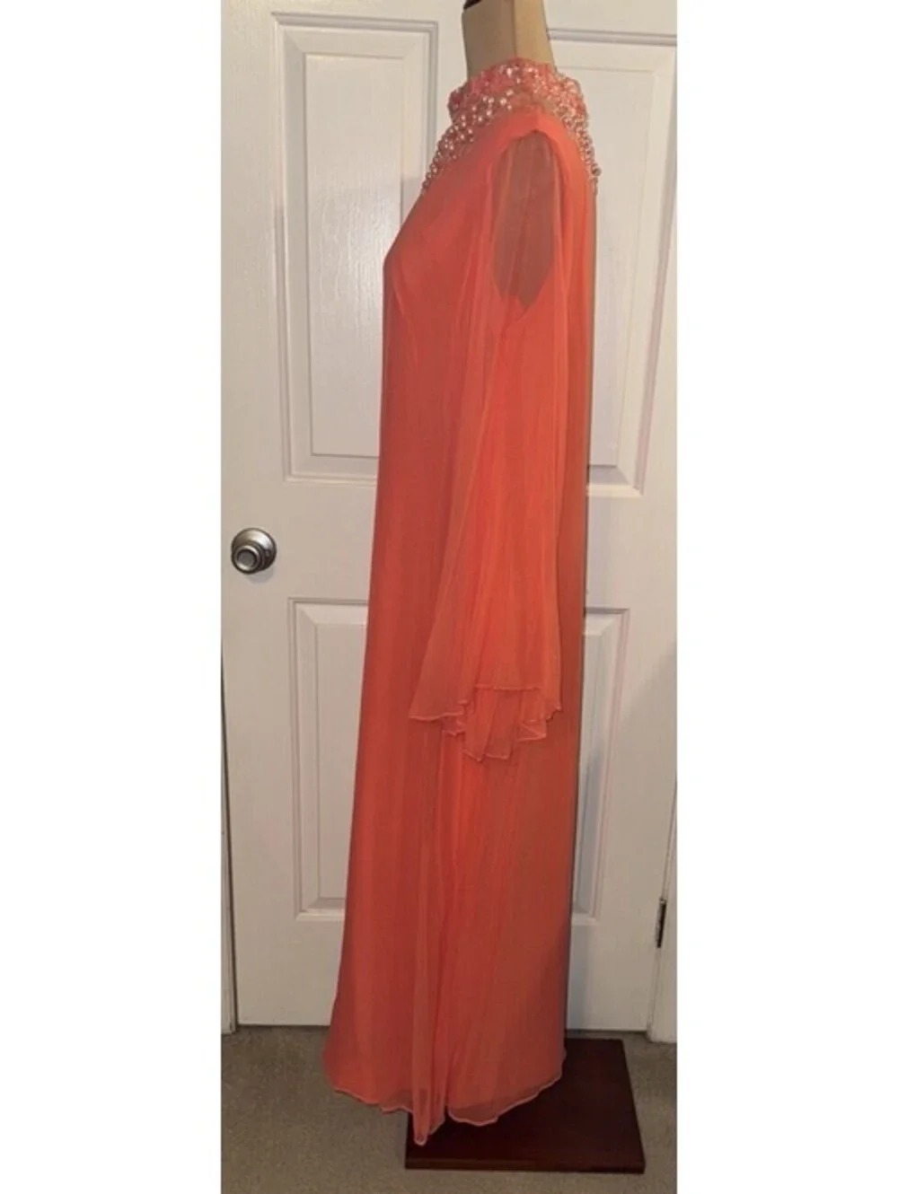 Vintage 1970's Dress Unbranded Coral Embellished High Neck  Chiffon Bell Sleeves